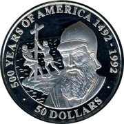 Cook Islands 50 Dollars Portuguese explorer Pedro Alvares Cabral 1990 Proof KM# 134 500 YEARS OF AMERICA 1492-1992 50 DOLLARS coin reverse Cook Islands 50 Dollars Portuguese explorer Pedro Alvares Cabral 1990 Proof KM# 134 500 YEARS OF AMERICA 1492-1992 50 DOLLARS coin reverse