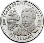 Cook Islands 50 Dollars English sea captain Sir Francis Drake 1990 Proof KM# 45 500 YEARS OF AMERICA 1492-1992 50 DOLLARS coin reverse Cook Islands 50 Dollars English sea captain Sir Francis Drake 1990 Proof KM# 45 500 YEARS OF AMERICA 1492-1992 50 DOLLARS coin reverse