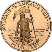 Cook Islands 50 Dollars Columbus kneeling with flag 1991 Proof KM# 145 500 YEARS OF AMERICA 1492-1992 50 DOLLARS coin reverse Cook Islands 50 Dollars Columbus kneeling with flag 1991 Proof KM# 145 500 YEARS OF AMERICA 1492-1992 50 DOLLARS coin reverse
