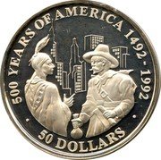 Cook Islands 50 Dollars Peter Minuit - Purchase of Manhattan Island 1991 Proof KM# 191 500 YEARS OF AMERICA 1492 - 1992 50 DOLLARS coin reverse Cook Islands 50 Dollars Peter Minuit - Purchase of Manhattan Island 1991 Proof KM# 191 500 YEARS OF AMERICA 1492 - 1992 50 DOLLARS coin reverse