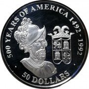 Cook Islands 50 Dollars Spanish conquistador Francisco Pizarro 1991 Proof KM# 189 500 YEARS OF AMERICA 1492-1992 50 DOLLARS coin reverse Cook Islands 50 Dollars Spanish conquistador Francisco Pizarro 1991 Proof KM# 189 500 YEARS OF AMERICA 1492-1992 50 DOLLARS coin reverse