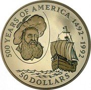 Cook Islands 50 Dollars Venetian navigator John Cabot 1992 Proof KM# 204 500 YEARS OF AMERICA 1492-1992 50 DOLLARS coin reverse Cook Islands 50 Dollars Venetian navigator John Cabot 1992 Proof KM# 204 500 YEARS OF AMERICA 1492-1992 50 DOLLARS coin reverse