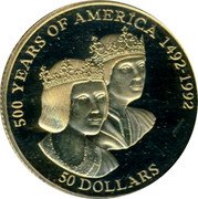 Cook Islands 50 Dollars Ferdinand and Isabella 1992 Proof KM# 249 500 YEARS OF AMERICA 1492-1992 50 DOLLARS coin reverse Cook Islands 50 Dollars Ferdinand and Isabella 1992 Proof KM# 249 500 YEARS OF AMERICA 1492-1992 50 DOLLARS coin reverse