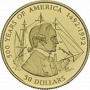 Cook Islands 50 Dollars Elizabeth II Captain James Cook 1993 Proof KM# 177 500 YEARS OF AMERICA 1492-1992 50 DOLLARS coin reverse Cook Islands 50 Dollars Elizabeth II Captain James Cook 1993 Proof KM# 177 500 YEARS OF AMERICA 1492-1992 50 DOLLARS coin reverse