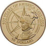 Cook Islands 50 Dollars Spanish Conquistador Alonso de Hojeda 1993 Proof KM# 174 500 YEARS OF AMERICA 1492-1992 50 DOLLARS coin reverse Cook Islands 50 Dollars Spanish Conquistador Alonso de Hojeda 1993 Proof KM# 174 500 YEARS OF AMERICA 1492-1992 50 DOLLARS coin reverse