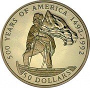 Cook Islands 50 Dollars Elizabeth II George Washington 1993 Proof KM# 173 500 YEARS OF AMERICA 1492-1992 50 DOLLARS coin reverse Cook Islands 50 Dollars Elizabeth II George Washington 1993 Proof KM# 173 500 YEARS OF AMERICA 1492-1992 50 DOLLARS coin reverse