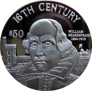 Cook Islands 50 Dollars 16th Century. William Shakespeare 1997 FM Proof KM# 410 16TH CENTURY $50 WILLIAM SHAKESPEARE 1564-1616 coin reverse Cook Islands 50 Dollars 16th Century. William Shakespeare 1997 FM Proof KM# 410 16TH CENTURY $50 WILLIAM SHAKESPEARE 1564-1616 coin reverse