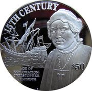 Cook Islands 50 Dollars 15th Century. Age of Exploration Christopher Columbus 1997 FM Proof KM# 409 15TH CENTURY AGE OF EXPLORATION: CHRISTOPHER COLUMBUS $50 coin reverse Cook Islands 50 Dollars 15th Century. Age of Exploration Christopher Columbus 1997 FM Proof KM# 409 15TH CENTURY AGE OF EXPLORATION: CHRISTOPHER COLUMBUS $50 coin reverse