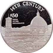 Cook Islands 50 Dollars 14th Century. Birth of the Renaissance 1997 FM Proof KM# 408 14TH CENTURY $50 BIRTH OF THE RENAISSANCE coin reverse Cook Islands 50 Dollars 14th Century. Birth of the Renaissance 1997 FM Proof KM# 408 14TH CENTURY $50 BIRTH OF THE RENAISSANCE coin reverse