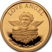 Cook Islands 50 Dollars Love Angel 1997 Proof KM# 926 LOVE ANGEL 10 GMS 50 DOLLARS .9999 AU coin reverse Cook Islands 50 Dollars Love Angel 1997 Proof KM# 926 LOVE ANGEL 10 GMS 50 DOLLARS .9999 AU coin reverse