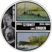Cook Islands Dollar Battle of the Emden and Sydney. 90th Anniversary 2004 Proof KM# 1147 HMAS SYDNEY SMS EMDEN 1914-2004 1OZ.999 SILVER coin reverse