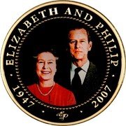 Cook Islands Dollar Diamond Wedding. Queen Elizabeth II in red and Prince Philip in suit 2007 Proof KM# 1445 ELIZABETH AND PHILIP 1947 EP 2007 coin reverse Cook Islands Dollar Diamond Wedding. Queen Elizabeth II in red and Prince Philip in suit 2007 Proof KM# 1445 ELIZABETH AND PHILIP 1947 EP 2007 coin reverse