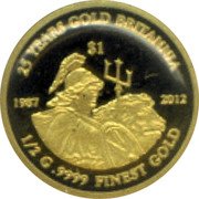 Fiji 1 Dollar Britannia Bullion 2012  Proof 25 YEARS GOLD BRITANNIA $1 1987 20121/2 G .9999 FINEST GOLD coin reverse Fiji 1 Dollar Britannia Bullion 2012  Proof 25 YEARS GOLD BRITANNIA $1 1987 20121/2 G .9999 FINEST GOLD coin reverse