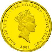 Cook Islands 10 Dollars Black-Faced Spoonbill 2001 Proof KM# 550 ELIZABETH II TEN DOLLARS COOK ISLANDS RDM 2001 coin obverse Cook Islands 10 Dollars Black-Faced Spoonbill 2001 Proof KM# 550 ELIZABETH II TEN DOLLARS COOK ISLANDS RDM 2001 coin obverse