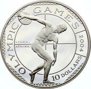Cook Islands 10 Dollars XXVIII Summer Olympic Games 2004 Athens Disk throw 2001 Proof KM# 473 OLYMPIC GAMES 2004 ATHENS ATHINAI 10 DOLLARS coin reverse Cook Islands 10 Dollars XXVIII Summer Olympic Games 2004 Athens Disk throw 2001 Proof KM# 473 OLYMPIC GAMES 2004 ATHENS ATHINAI 10 DOLLARS coin reverse