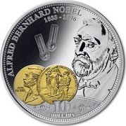 Cook Islands 10 Dollars Alfred Nobel 2009 Proof KM# 792 ALFRED BERNHARD NOBEL 1833-1896 ALFR NOBEL INVENTAS VITAM JUVAT EXCOLUISSE PER ARTES 10 DOLLARS coin reverse