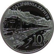Cook Islands 10 Dollars California Zephyr 2010 Proof KM# 1544 CALIFORNIA ZEPHYR 10 DOLLARS FROM ILLINOIS TO CALIFORNIA coin reverse