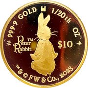 Cook Islands 10 Dollars (Charles III Peter Rabbit) 999 9 GOLD 1/20TH OZ PETER TM RABBIT $10 TM & © FW & CO 2023 coin reverse