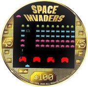 Cook Islands 100 Dollars (Charles III Space Invaders) SPACE INVADERS 45 45 $100 ©TAITO CORPORATION 1978 2023 ALL RIGHTS RESERVED 9999 coin reverse