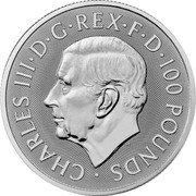 UK 100 Pounds (Charles III Seymour Unicorn) CHARLES III D G REX F D 100 POUNDS MJ coin obverse UK 100 Pounds (Charles III Seymour Unicorn) CHARLES III D G REX F D 100 POUNDS MJ coin obverse