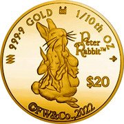 Cook Islands 20 Dollars Peter Rabbit 2022 PETER RABBIT TM $20 ©FW&CO 2022 9999 GOLD 1/10TH OZ coin reverse Cook Islands 20 Dollars Peter Rabbit 2022 PETER RABBIT TM $20 ©FW&CO 2022 9999 GOLD 1/10TH OZ coin reverse