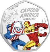 Cook Islands 25 Cents 80th Anniversary - Captain America. Iron Man 2021 Proof CAPTAIN AMERICA SINCE 1941 © MARVEL WHOOM coin reverse Cook Islands 25 Cents 80th Anniversary - Captain America. Iron Man 2021 Proof CAPTAIN AMERICA SINCE 1941 © MARVEL WHOOM coin reverse