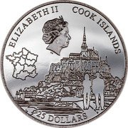 Cook Islands 25 Dollars (Mont-Saint-Michel 1000th Anniversary) IRB ELIZABETH II COOK ISLANDS 25 DOLLARS A THOUSAND YEARS AGO, IN 1023M THE BENEDICTINE MONKS OF MONT-SAINT-MICHEL LAID THE FOUNDATION STONE FOR THEIR NEW ABBEY CHURCH, TODAY, THE SANCTUARY IS A PRIME EXAMPLE OF EARLY ROMANESQUE ARCHITECTURE IN NORMANDY, FRANCE, LOCATED ON TOP OF OF THE MONT-SAINT-MICHEL ROCK, THE CHURCH DOMINATES THE UNIQUE SILHOUETTE OF THIS UNESCO WORLD HERITAGE ISLAND WHICH HAS DEFIED THE TIDES SINCE TIME BEGAN MSM coin obverse Cook Islands 25 Dollars (Mont-Saint-Michel 1000th Anniversary) IRB ELIZABETH II COOK ISLANDS 25 DOLLARS A THOUSAND YEARS AGO, IN 1023M THE BENEDICTINE MONKS OF MONT-SAINT-MICHEL LAID THE FOUNDATION STONE FOR THEIR NEW ABBEY CHURCH, TODAY, THE SANCTUARY IS A PRIME EXAMPLE OF EARLY ROMANESQUE ARCHITECTURE IN NORMANDY, FRANCE, LOCATED ON TOP OF OF THE MONT-SAINT-MICHEL ROCK, THE CHURCH DOMINATES THE UNIQUE SILHOUETTE OF THIS UNESCO WORLD HERITAGE ISLAND WHICH HAS DEFIED THE TIDES SINCE TIME BEGAN MSM coin obverse