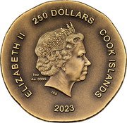 Cook Islands 250 Dollars Charles III Tortoise 2023  Antiqued ELIZABETH II 250 DOLLARS COOK ISLANDS 1OZ AU .9999 IRB 2023 coin obverse