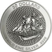 Cook Islands 30 Dollars (Bounty) 30 DOLLARS 1 KILO FINE SILVER .9999 coin reverse Cook Islands 30 Dollars (Bounty) 30 DOLLARS 1 KILO FINE SILVER .9999 coin reverse