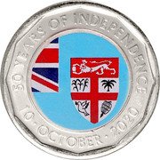 Fiji 50 Cents 50 Years of Independence 2020  KM# 839 50 YEARS OF INDEPENDENCE 10. OCTOBER. 2020 coin reverse Fiji 50 Cents 50 Years of Independence 2020  KM# 839 50 YEARS OF INDEPENDENCE 10. OCTOBER. 2020 coin reverse