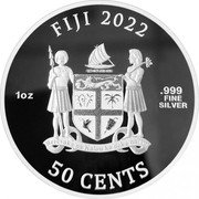 Fiji 50 cents Cats. Coloured 2021 Proof FIJI 2022 1OZ .999 FINE SILVER 50 CENTS REREVAKA NA KALOU KA DOKA NA TUI coin obverse Fiji 50 cents Cats. Coloured 2021 Proof FIJI 2022 1OZ .999 FINE SILVER 50 CENTS REREVAKA NA KALOU KA DOKA NA TUI coin obverse
