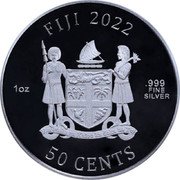 Fiji 50 Cents (Jurassic World Dominion) KM# 1050 FIJI 2022 1 OZ .999 FINE SILVER REREVAKA NA KALOU KA DOKA NA TUI 50 CENTS coin obverse Fiji 50 Cents (Jurassic World Dominion) KM# 1050 FIJI 2022 1 OZ .999 FINE SILVER REREVAKA NA KALOU KA DOKA NA TUI 50 CENTS coin obverse