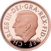 UK 1 Sovereign (Charles III) CHARLES III DEI GRA REX FID DEF MJ coin obverse UK 1 Sovereign (Charles III) CHARLES III DEI GRA REX FID DEF MJ coin obverse
