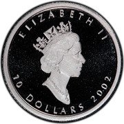Canada 10 Dollars (Hologram Maple Leaf) ELIZABETH II 10 DOLLARS 2002 coin obverse Canada 10 Dollars (Hologram Maple Leaf) ELIZABETH II 10 DOLLARS 2002 coin obverse