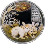 Cook Islands 2 Dollars Year of the Rabbit. Two White Rabbits 2011 20 G 999 SILVER 2011 兔 coin reverse Cook Islands 2 Dollars Year of the Rabbit. Two White Rabbits 2011 20 G 999 SILVER 2011 兔 coin reverse