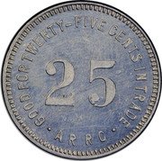 USA 25 Cents (Alaska Rural Rehabilitation Corporation) GOOD FOR TWENTY-FIVE CENTS IN TRADE 25 ARRC coin obverse USA 25 Cents (Alaska Rural Rehabilitation Corporation) GOOD FOR TWENTY-FIVE CENTS IN TRADE 25 ARRC coin obverse