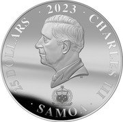 Samoa 25 Dollars Disney's 100th Anniversary. Mickey Mouse 2023 FA'AVAE I LE ATUA SAMOA 25 DOLLARS 2023 CHARLES III SAMOA coin obverse Samoa 25 Dollars Disney's 100th Anniversary. Mickey Mouse 2023 FA'AVAE I LE ATUA SAMOA 25 DOLLARS 2023 CHARLES III SAMOA coin obverse