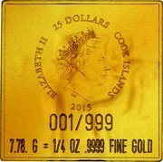 Cook Islands 25 Dollars The Golden Throne of Tutankhamun. 2015 Insert in 20$ IRB ELIZABETH II 25 DOLLARS COOK ISLANDS 2015 001/999 7.78. G 1/4 OZ .9999 FINE GOLD coin obverse Cook Islands 25 Dollars The Golden Throne of Tutankhamun. 2015 Insert in 20$ IRB ELIZABETH II 25 DOLLARS COOK ISLANDS 2015 001/999 7.78. G 1/4 OZ .9999 FINE GOLD coin obverse