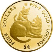 Cook Islands 4 Dollars Cats 2019 FOUR DOLLARS 9999 GOLD 1/30TH OZ $4 coin reverse