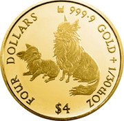 Cook Islands Four Dollars Two Dogs 2019 FOUR DOLLARS 9999 GOLD 1/30TH OZ $4 coin reverse