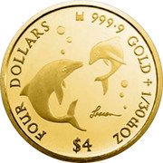 Cook Islands Four Dollars Dolphins. Elizabeth II. 2019 FOUR DOLLARS 9999 GOLD 1/30TH OZ $4 coin reverse