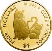 Cook Islands Four Dollars Elizabeth II. Micio & Micia 2015 FOUR DOLLARS 999 9 GOLD 1/30TH OZ $4 coin reverse Cook Islands Four Dollars Elizabeth II. Micio & Micia 2015 FOUR DOLLARS 999 9 GOLD 1/30TH OZ $4 coin reverse