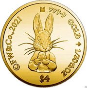 Cook Islands 4 Dollars Peter Rabbit 2021 ©FW&CO 2021 9999 GOLD 1/30TH OZ $4 coin reverse