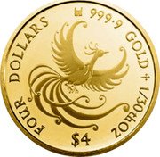 Cook Islands Four Dollars Phoenix 2019 FOUR DOLLARS 9999 GOLD 1/30TH OZ $4 coin reverse