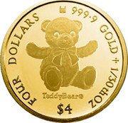 Cook Islands Four Dollars Teddy Bear 2019 FOUR DOLLARS 9999 GOLD 1/30TH OZ $4 coin reverse Cook Islands Four Dollars Teddy Bear 2019 FOUR DOLLARS 9999 GOLD 1/30TH OZ $4 coin reverse
