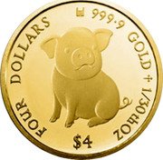 Cook Islands Four Dollars Year of the Pig 2019 FOUR DOLLARS 9999 GOLD 1/30TH OZ $4 coin reverse