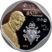 Cook Islands 5 Dollars 85th Anniversary. Birth of Pope Benedict XVI 2012 Proof 16TH OF APRIL 2012 BENEDICT XVI 85TH BIRTHDAY coin reverse Cook Islands 5 Dollars 85th Anniversary. Birth of Pope Benedict XVI 2012 Proof 16TH OF APRIL 2012 BENEDICT XVI 85TH BIRTHDAY coin reverse