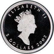 Canada 5 Dollars (Hologram Maple Leaf) ELIZABETH II 5 DOLLARS 2002 coin obverse Canada 5 Dollars (Hologram Maple Leaf) ELIZABETH II 5 DOLLARS 2002 coin obverse