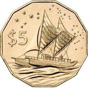 Cook Islands 5 Dollars (Traditional Vaka boat) $5 coin reverse Cook Islands 5 Dollars (Traditional Vaka boat) $5 coin reverse