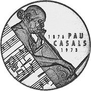 Spain 5 ECU (20th Anniversary Death of Composer Pau Casals) X# 11 1876 1973 PAU CASALS coin reverse Spain 5 ECU (20th Anniversary Death of Composer Pau Casals) X# 11 1876 1973 PAU CASALS coin reverse